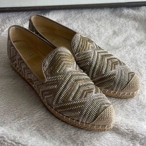 Stuart Weitzman beige green gold woven espadrille flats